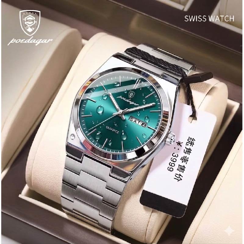 POEDAGAR 930 Silver Shell Green Surface Steel Belt Watch for Men