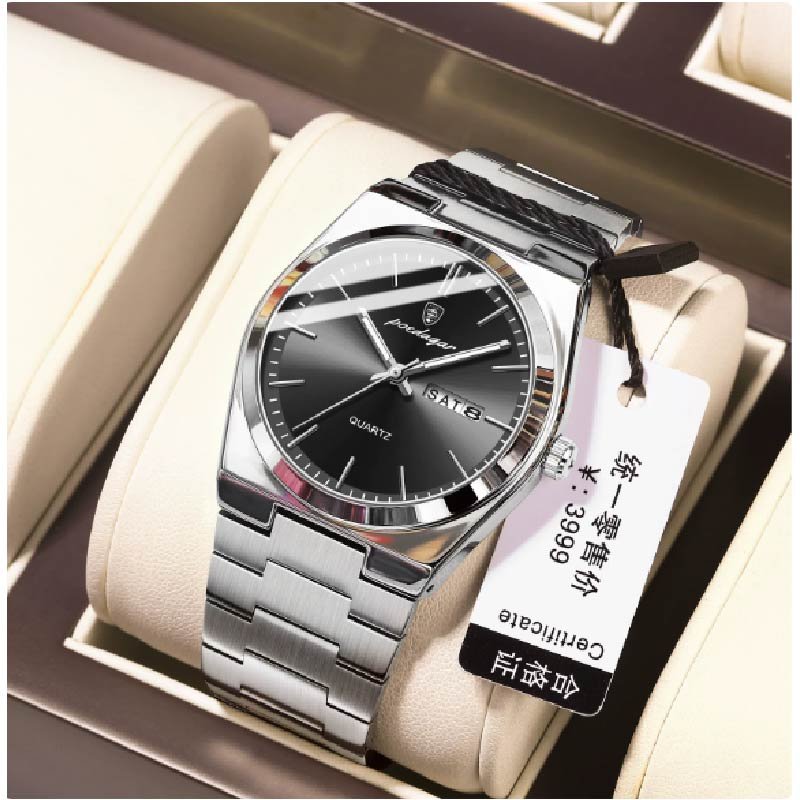 POEDAGAR 930 Silver Shell Black Surface Steel Belt Watch for Men