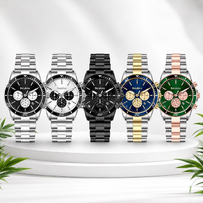 Berakins Luxury Stainless Steel Chronograph Men's Watch - Black, White, Blue and Green Dial